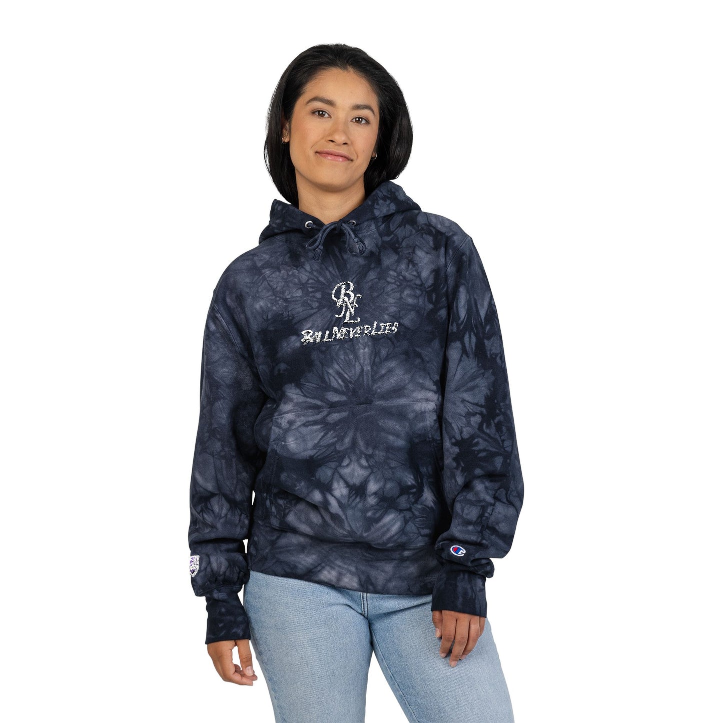 Champion Tie-Dye Hoodie with Embroidered Design, Trendy Streetwear for Unisex, Perfect for Casual Outings, Cozy Fall Wear, Unique Gift